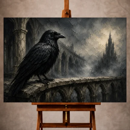 Black, slate gray, ash gray, and soft ivory Raven Wall Art print for elegant interiors. No text or watermarks in design.