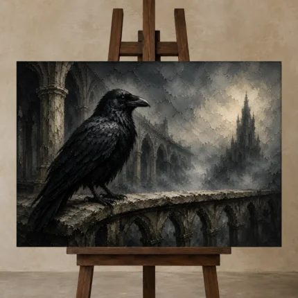 Slate Gray Raven Cloister Gothic Wall Art Canvas Print displayed on a studio easel