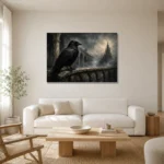 Slate Gray Raven Cloister Gothic Wall Art Canvas Print styled in a refined neutral interior