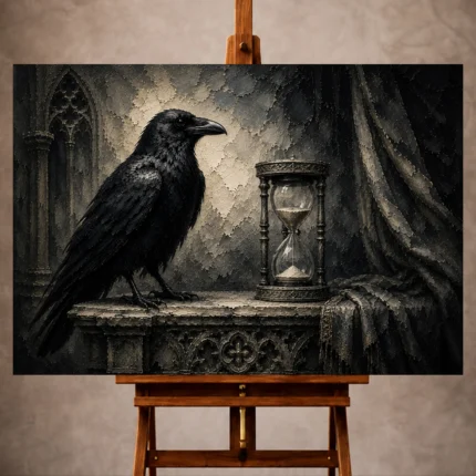 Black, charcoal gray, weathered ivory, and muted silver gray Raven Wall Art print for elegant interiors. No text or watermarks in design.