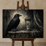 Charcoal & Ivory Raven Hourglass Gothic Wall Art Canvas Print displayed on a studio easel