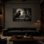 Charcoal & Ivory Raven Hourglass Gothic Wall Art Canvas Print shown in a warm modern interior