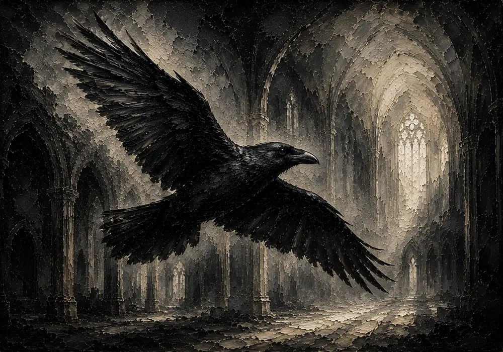 Graphite Gray Flying Raven Gothic Wall Art Canvas Print