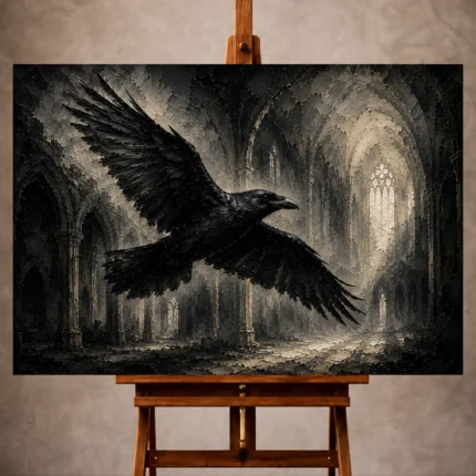 Black, graphite gray, pale ivory, and smoky gray Raven Wall Art print for elegant interiors. No text or watermarks in design.