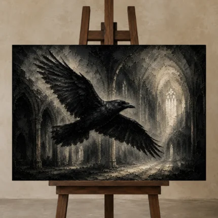 Graphite Gray Flying Raven Gothic Wall Art Canvas Print shown in Studio Easel
