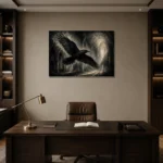 Graphite Gray Flying Raven Gothic Wall Art Canvas Print displayed in a contemporary gallery-inspired room
