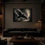 Graphite Gray Flying Raven Gothic Wall Art Canvas Print shown in a warm modern interior