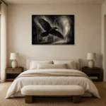 Graphite Gray Flying Raven Gothic Wall Art Canvas Print showcased in an elegant minimalist interior