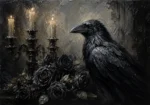 Deep Black Raven & Dark Roses Gothic Wall Art Canvas Print