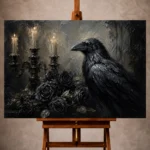 Deep black, cool gray, ivory, and charcoal Raven Wall Art print for elegant interiors. No text or watermarks in design.