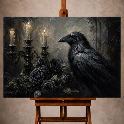 Deep black, cool gray, ivory, and charcoal Raven Wall Art print for elegant interiors. No text or watermarks in design.