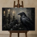 Deep Black Raven & Dark Roses Gothic Wall Art Canvas Print displayed on a studio easel
