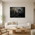 Deep Black Raven & Dark Roses Gothic Wall Art Canvas Print styled in a refined neutral interior