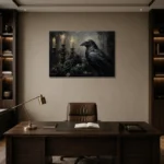 Deep Black Raven & Dark Roses Gothic Wall Art Canvas Print displayed in a contemporary gallery-inspired room
