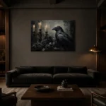Deep Black Raven & Dark Roses Gothic Wall Art Canvas Print shown in a warm modern interior