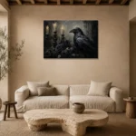 Deep Black Raven & Dark Roses Gothic Wall Art Canvas Print presented in a sophisticated home setting