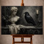 Black, stone gray, ivory, and soft charcoal Raven Wall Art print for elegant interiors. No text or watermarks in design.