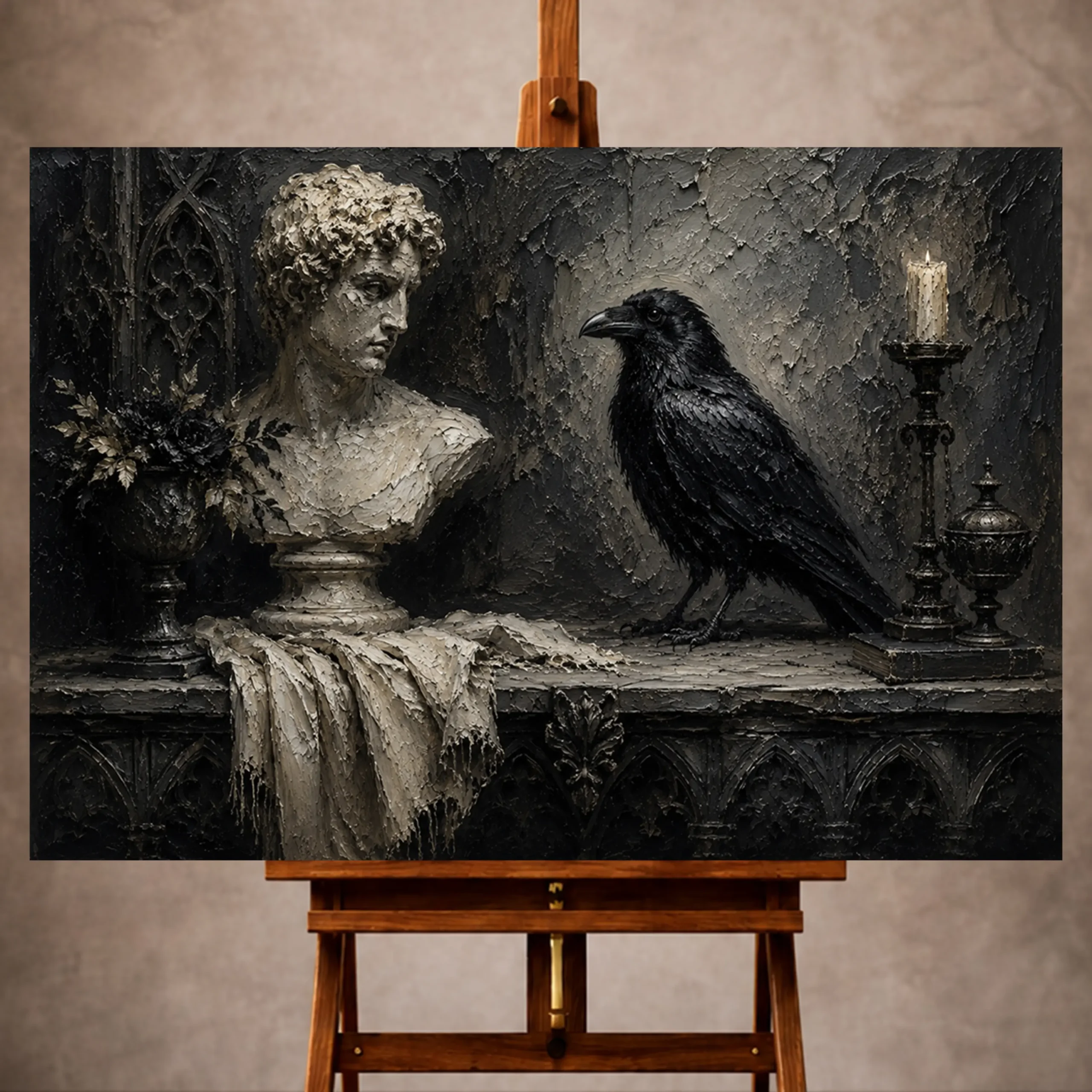 Premium Wall Art Yatay Html Edition – GOTICWALL030 Image 1 Black, stone gray, ivory, and soft charcoal Raven Wall Art print for elegant interiors. No text or watermarks in design.