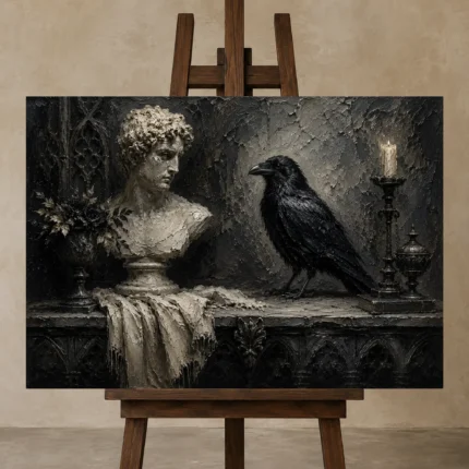 Stone Gray Raven & Marble Bust Gothic Wall Art Canvas Print displayed on a studio easel