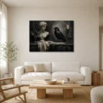 Stone Gray Raven & Marble Bust Gothic Wall Art Canvas Print styled in a refined neutral interior