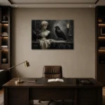 Stone Gray Raven & Marble Bust Gothic Wall Art Canvas Print displayed in a contemporary gallery-inspired room