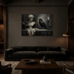 Stone Gray Raven & Marble Bust Gothic Wall Art Canvas Print shown in a warm modern interior