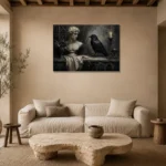 Stone Gray Raven & Marble Bust Gothic Wall Art Canvas Print presented in a sophisticated home setting