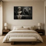 Stone Gray Raven & Marble Bust Gothic Wall Art Canvas Print showcased in an elegant minimalist interior
