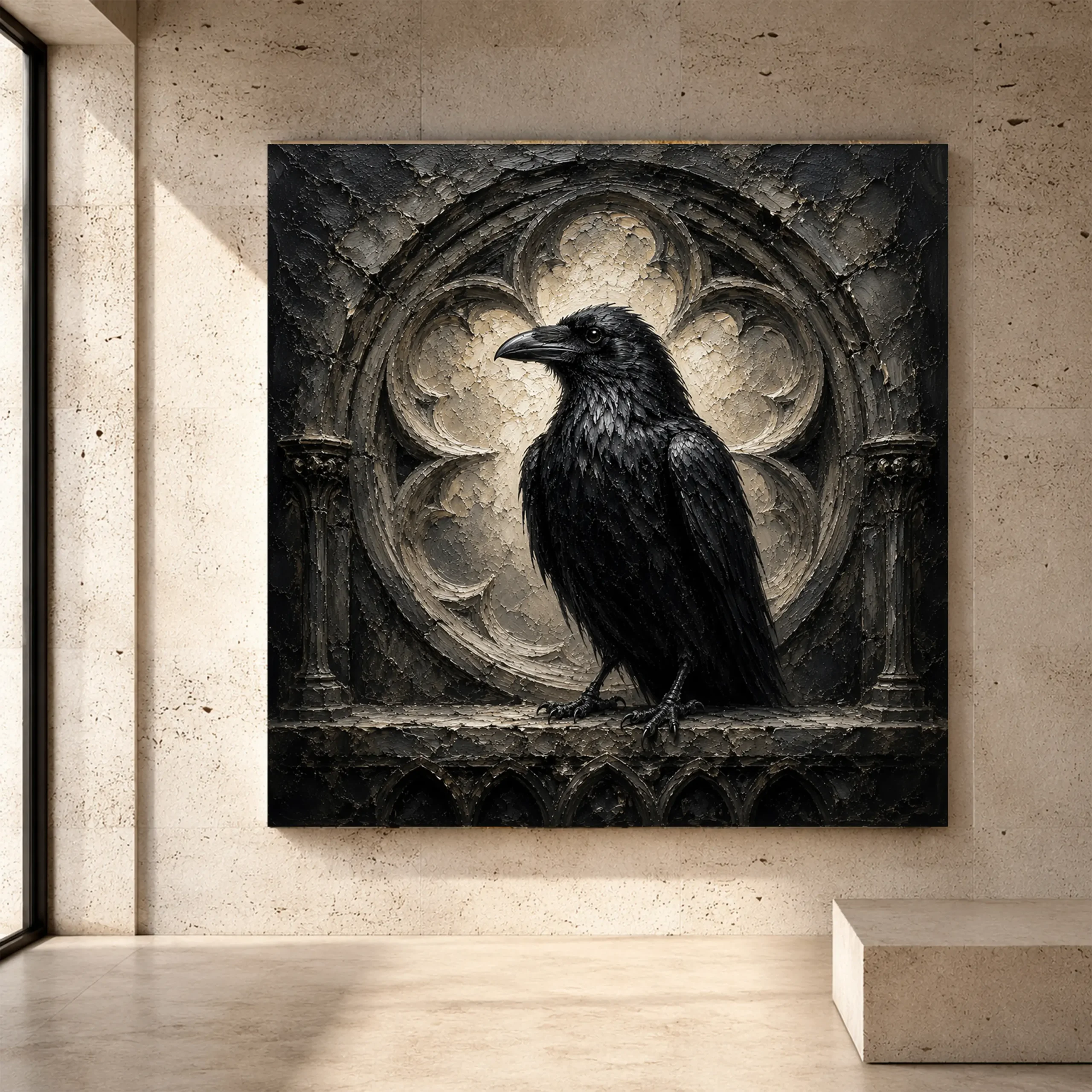 Premium Wall Art Kare Html Edition – GOTICWALL031 Image 1 Black, gray, and ivory Raven Wall Art print for elegant interiors. No text or watermarks in design.