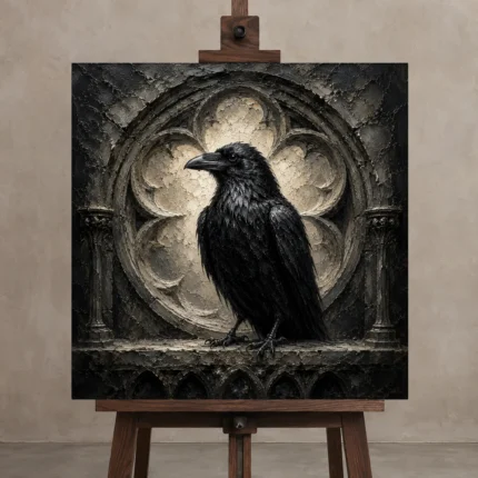 Black & Ivory Raven Niche Gothic Wall Art Canvas Print shown in Studio Easel