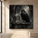 Black, ash gray, soft ivory, and cool stone gray Raven Wall Art print for elegant interiors. No text or watermarks in design.