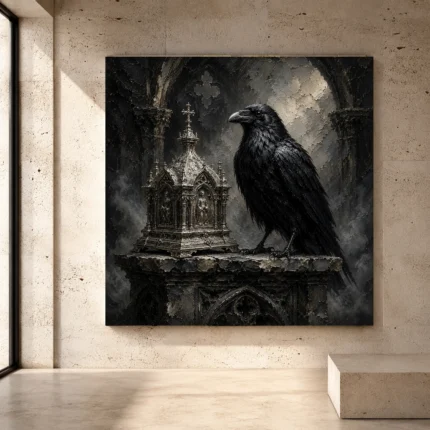 Black, ash gray, soft ivory, and cool stone gray Raven Wall Art print for elegant interiors. No text or watermarks in design.