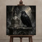 Ash Gray Raven Reliquary Gothic Wall Art Canvas Print displayed on a studio easel