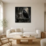 Ash Gray Raven Reliquary Gothic Wall Art Canvas Print styled in a refined neutral interior