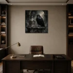 Ash Gray Raven Reliquary Gothic Wall Art Canvas Print displayed in a contemporary gallery-inspired room