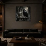 Ash Gray Raven Reliquary Gothic Wall Art Canvas Print shown in a warm modern interior