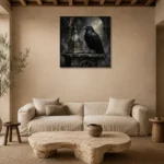 Ash Gray Raven Reliquary Gothic Wall Art Canvas Print presented in a sophisticated home setting