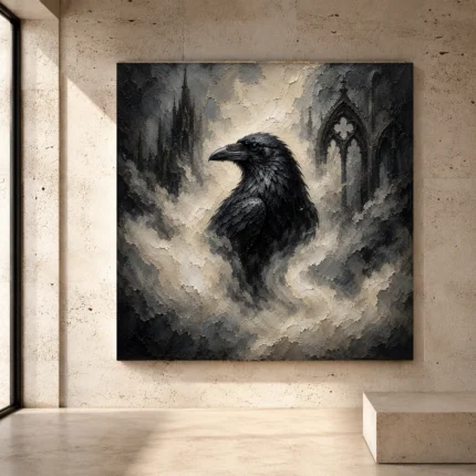 Black, pearl gray, smoke gray, and ivory Raven Wall Art print for elegant interiors. No text or watermarks in design.
