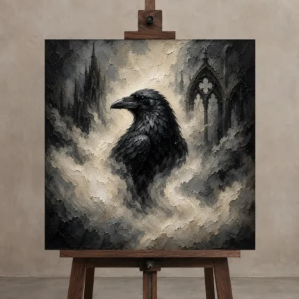 Pearl Gray Mist Raven Gothic Wall Art Canvas Print displayed on a studio easel