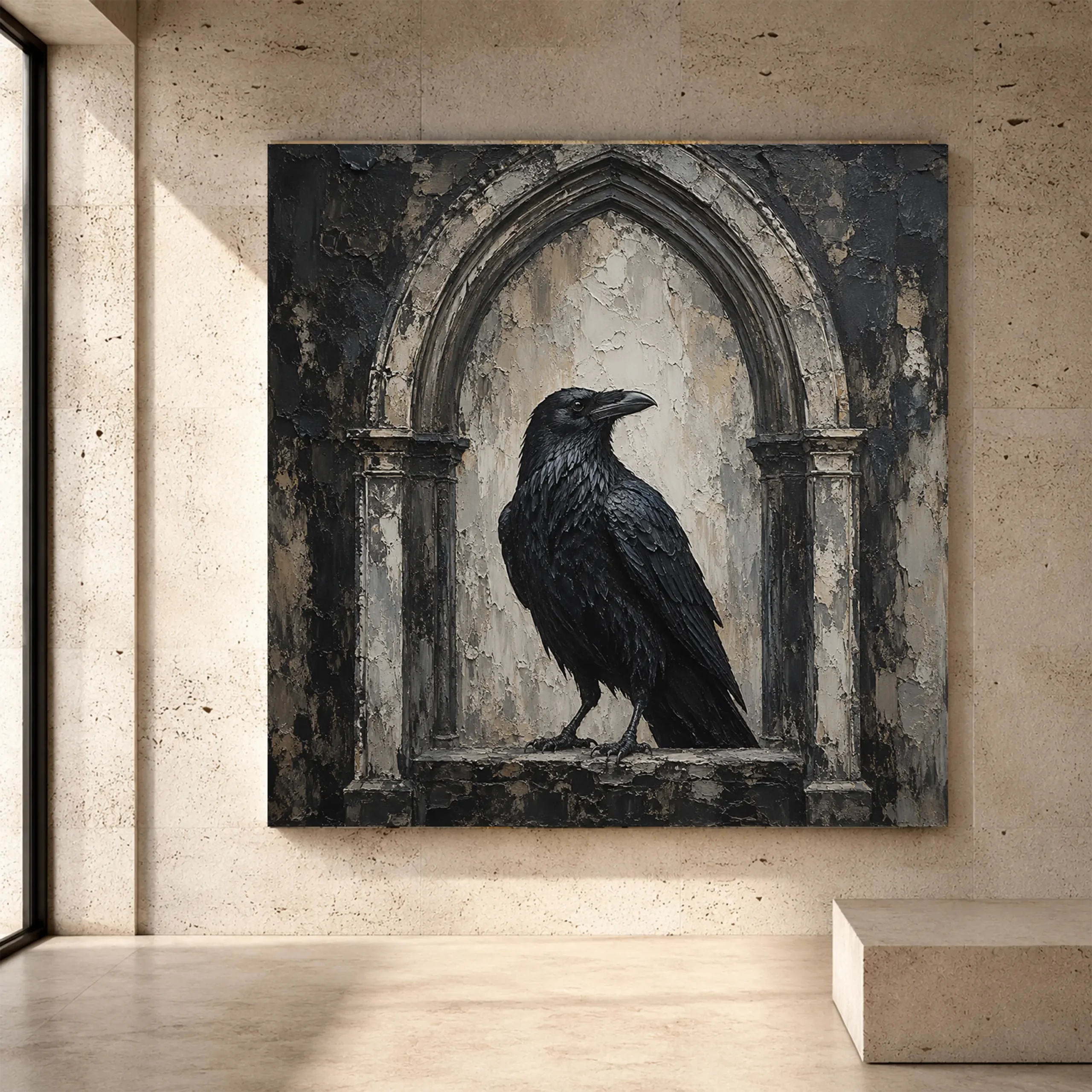 Premium Wall Art Kare Html Edition – GOTICWALL034 Image 1 Matte black, charcoal gray, weathered ivory, and pale stone Raven Wall Art print for elegant interiors. No text or watermarks in design.