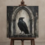 Matte Black Raven Arch Gothic Wall Art Canvas Print displayed on a studio easel