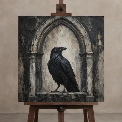 Matte Black Raven Arch Gothic Wall Art Canvas Print displayed on a studio easel