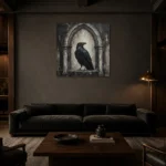 Matte Black Raven Arch Gothic Wall Art Canvas Print shown in a warm modern interior