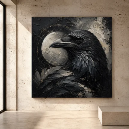Black, slate gray, ivory, and soft silver-gray Raven Wall Art print for elegant interiors. No text or watermarks in design.