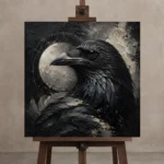 Slate Gray Raven Orb Gothic Wall Art Canvas Print displayed on a studio easel