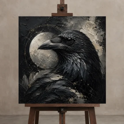 Slate Gray Raven Orb Gothic Wall Art Canvas Print displayed on a studio easel