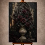 Burgundy and black moody Gothic Wall Art print for elegant interiors. No text or watermarks in design.