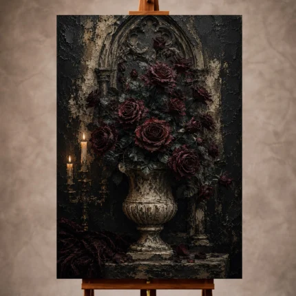 Burgundy and black moody Gothic Wall Art print for elegant interiors. No text or watermarks in design.