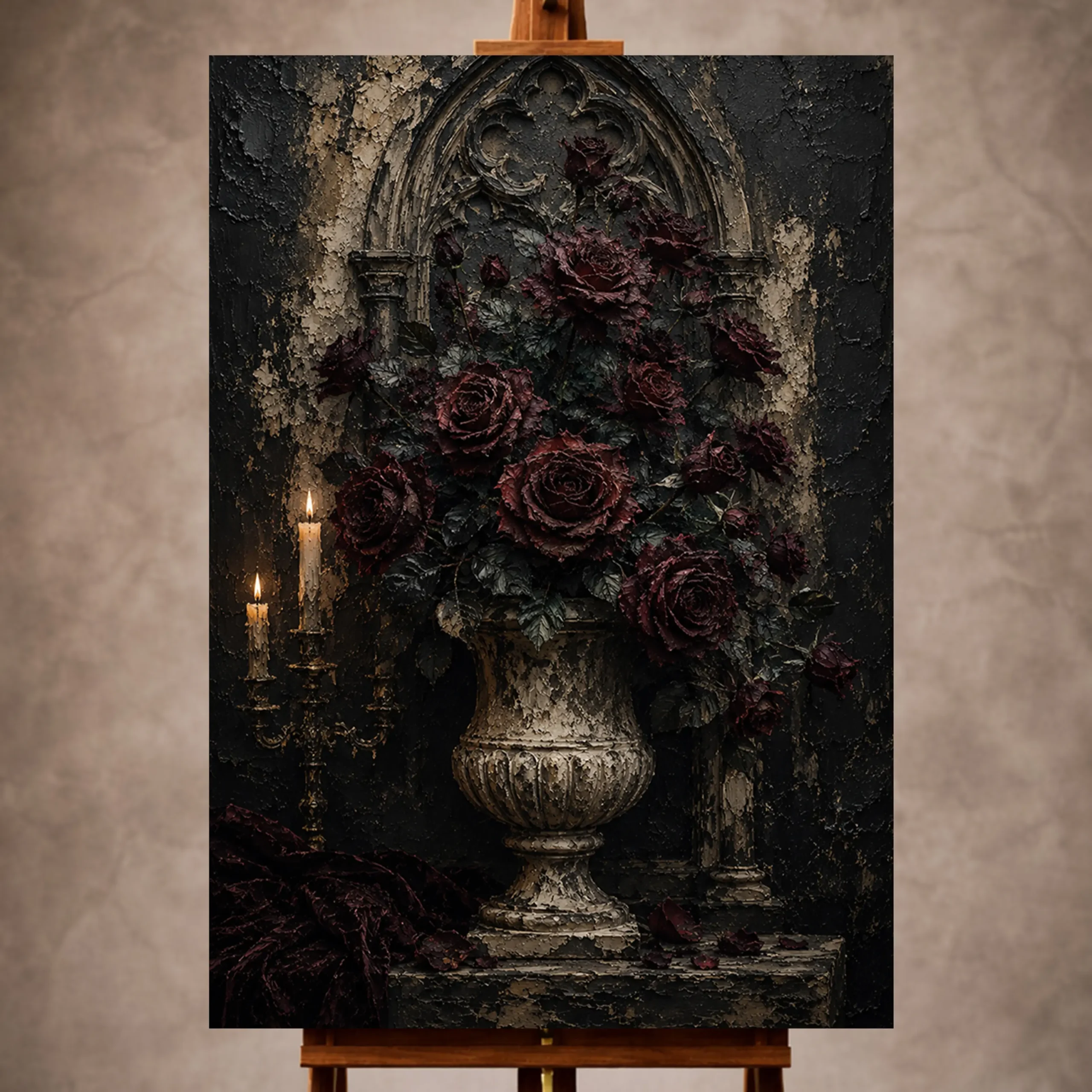 Premium Wall Art Dikey Html Edition – GOTICWALL036 Image 1 Burgundy and black moody Gothic Wall Art print for elegant interiors. No text or watermarks in design.