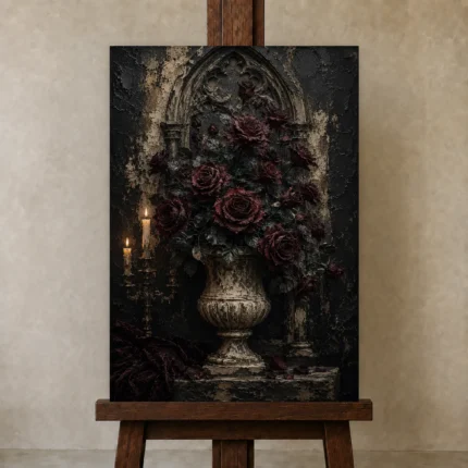 Burgundy & Black Dark Rose Gothic Wall Art Canvas Print shown in Studio Easel